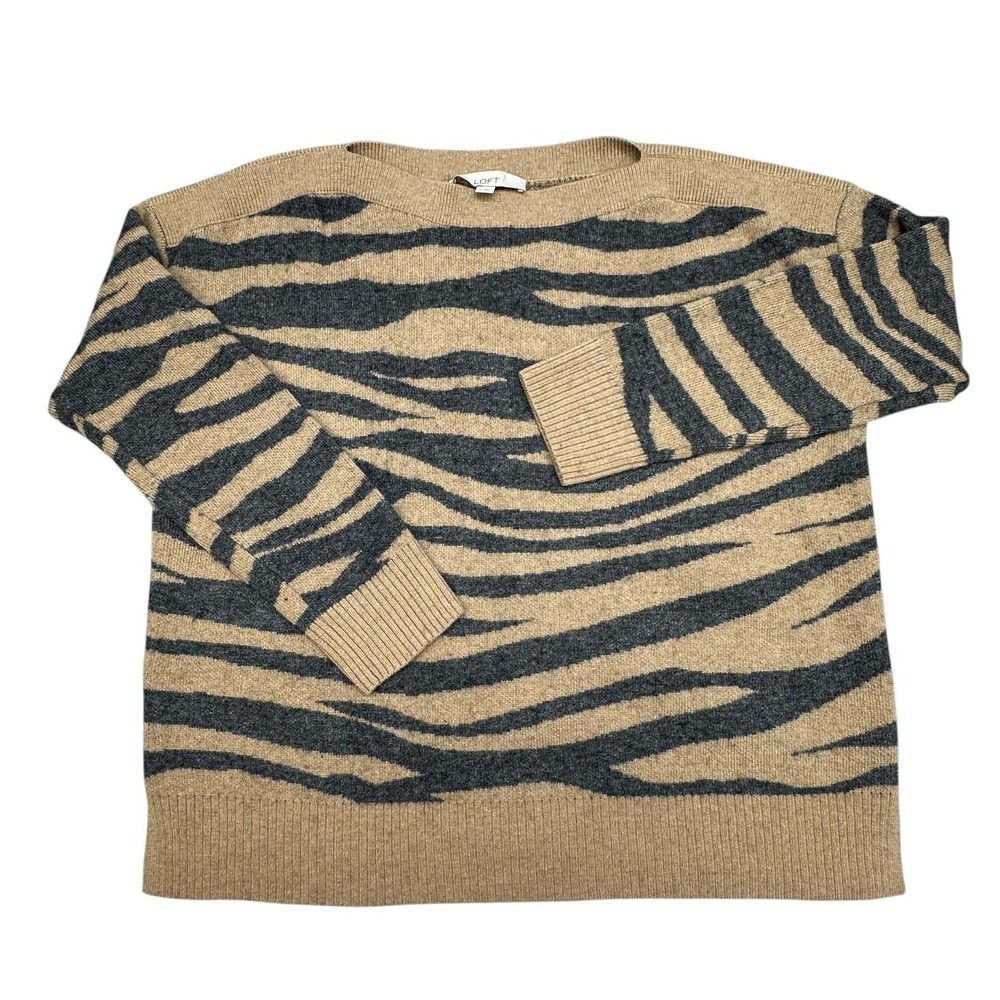 LOFT Sweater Womens Medium Beige Animal Print Wool Blend Crewneck Pullover